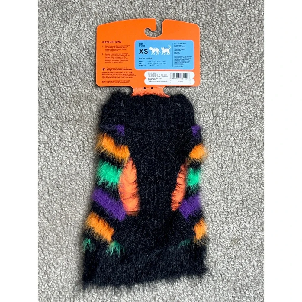 Boots & Barkley Pet Sweater Halloween Stripe Fuzzy Eyelash Knit Black Multi XS